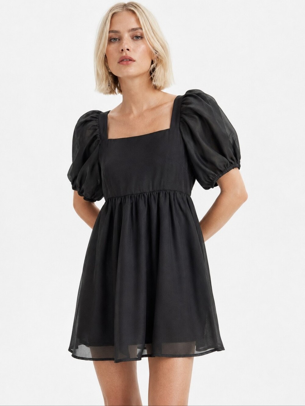 ON YOU Black Puff Sleeve Babydoll Dress Sheer Overlay Bow Back Size S